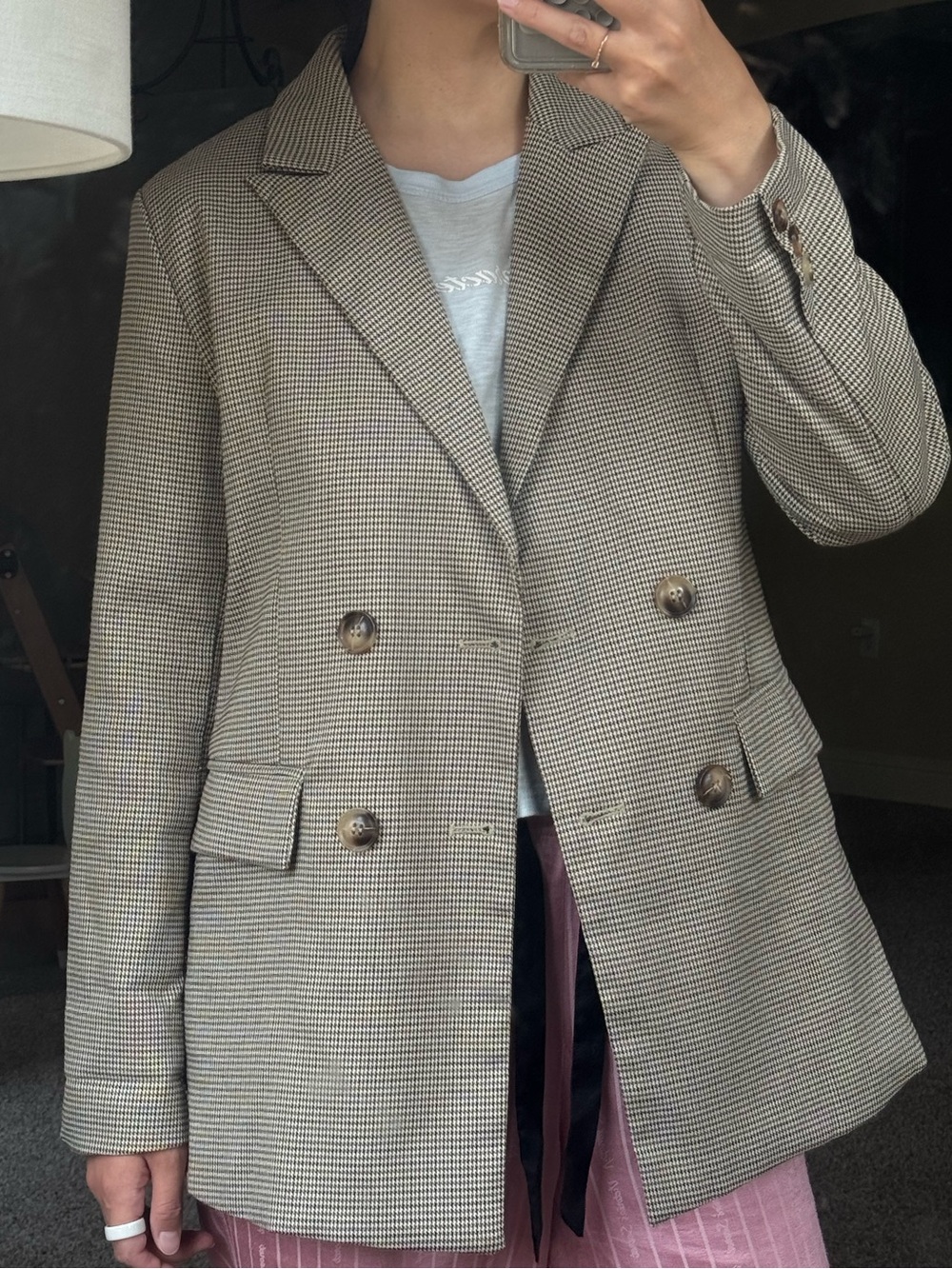 Double Breasted Houndstooth Blazer Size S Beige Brown Tailored Jacket